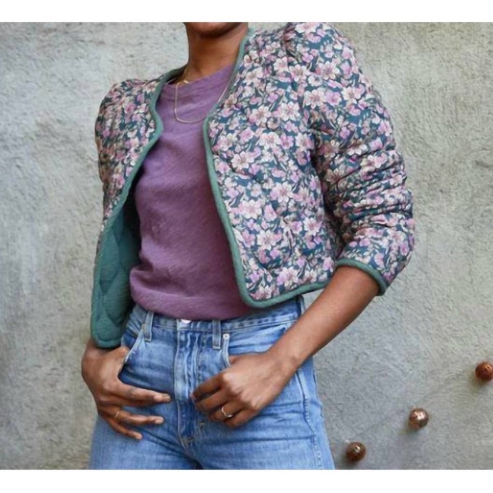 Self Contrast || Marie Quilted Crop‎ Jacket Dahlia Floral Print Green Pink XS